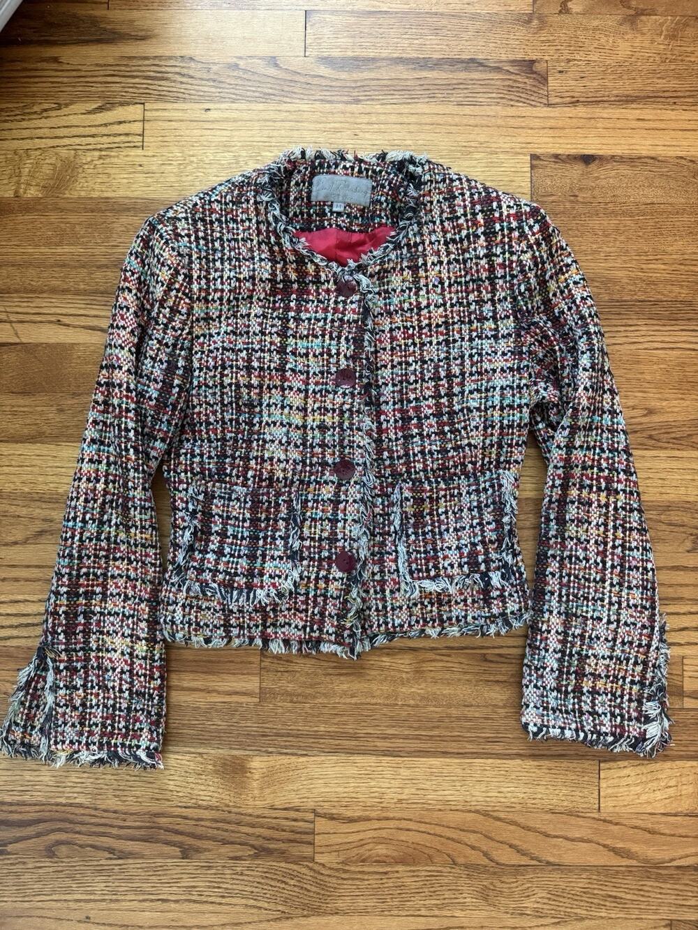 Vintage Emil Rutenberg Multicolor Silk Tweed Fringe Blazer Jacket Size Medium